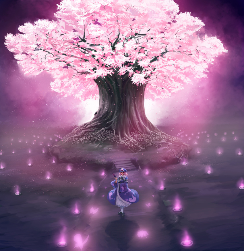 candle, cherry_blossoms, fan, folding_fan, ghost, hat, highres, japanese_clothes, night, petals, pink_hair, red_eyes, saigyou_ayakashi, saigyouji_yuyuko, scenery, shadow, shoes, short_hair, skull, standing, suehan, touhou, tree, triangular_headpiece, white_legwear