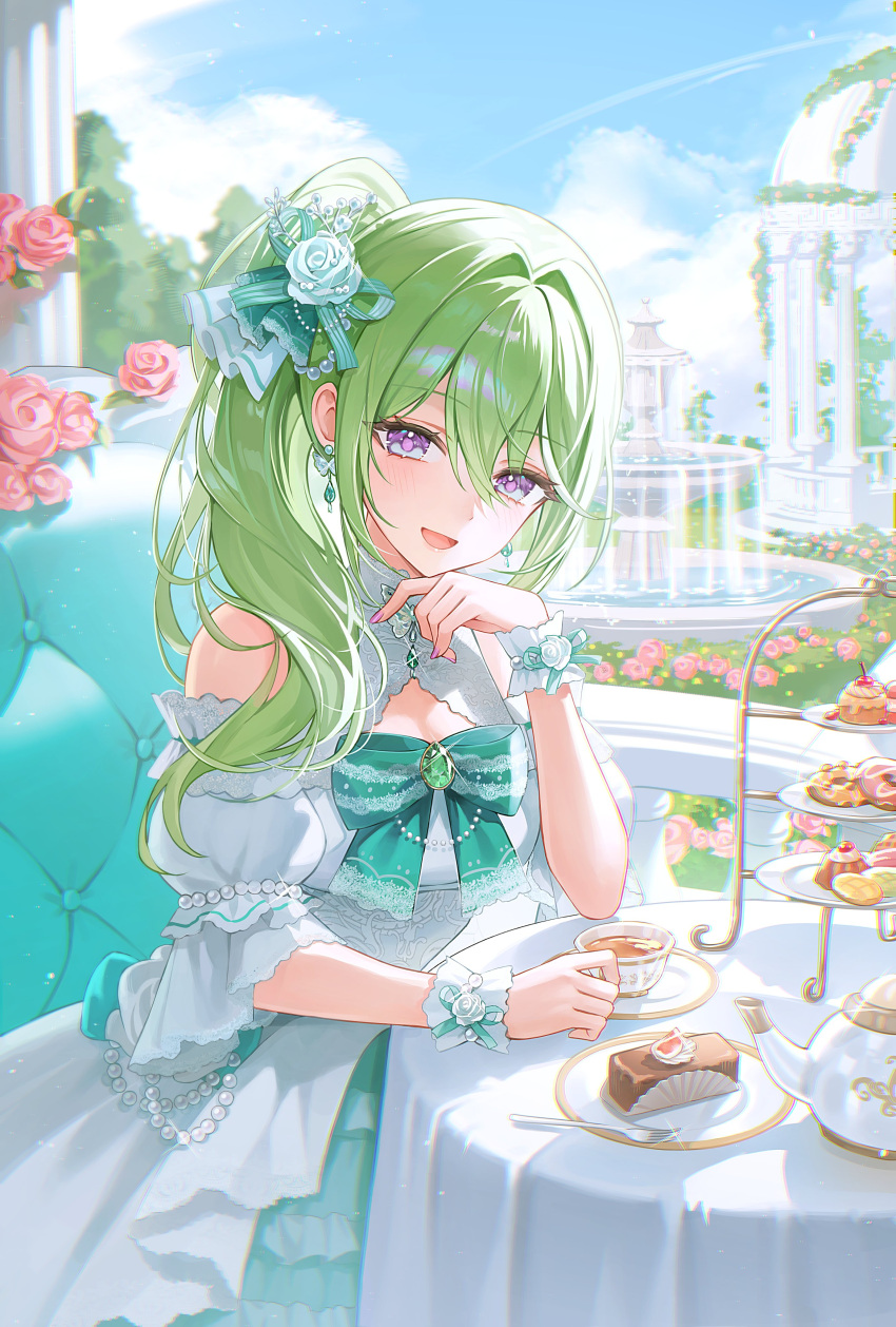 1girl, above-cleavage_cutout, absurdres, blush, clothing_cutout, clouds, cloudy_sky, commentary, couch, cup, dress, earrings, flower, food, fork, fountain, frilled_wrist_cuffs, frills, gazebo, gem, green_dress, green_gem, green_hair, gumagom2, hair_flower, hair_intakes, hair_ornament, hair_over_shoulder, hair_ribbon, high_ponytail, highres, jewelry, looking_at_viewer, on_couch, pastry, pink_flower, pink_rose, plate, ponytail, purple_nails, ribbon, rose, sitting, sky, solo, stellive, teacup, teapot, tiered_tray, violet_eyes, virtual_youtuber, water, white_dress, wrist_cuffs, yuzuha_riko