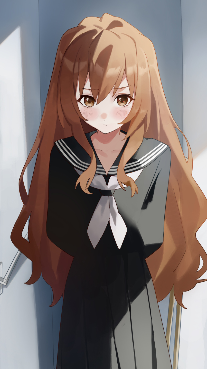 1girl, absurdres, aisaka_taiga, arms_behind_back, black_serafuku, brown_eyes, brown_hair, closed_mouth