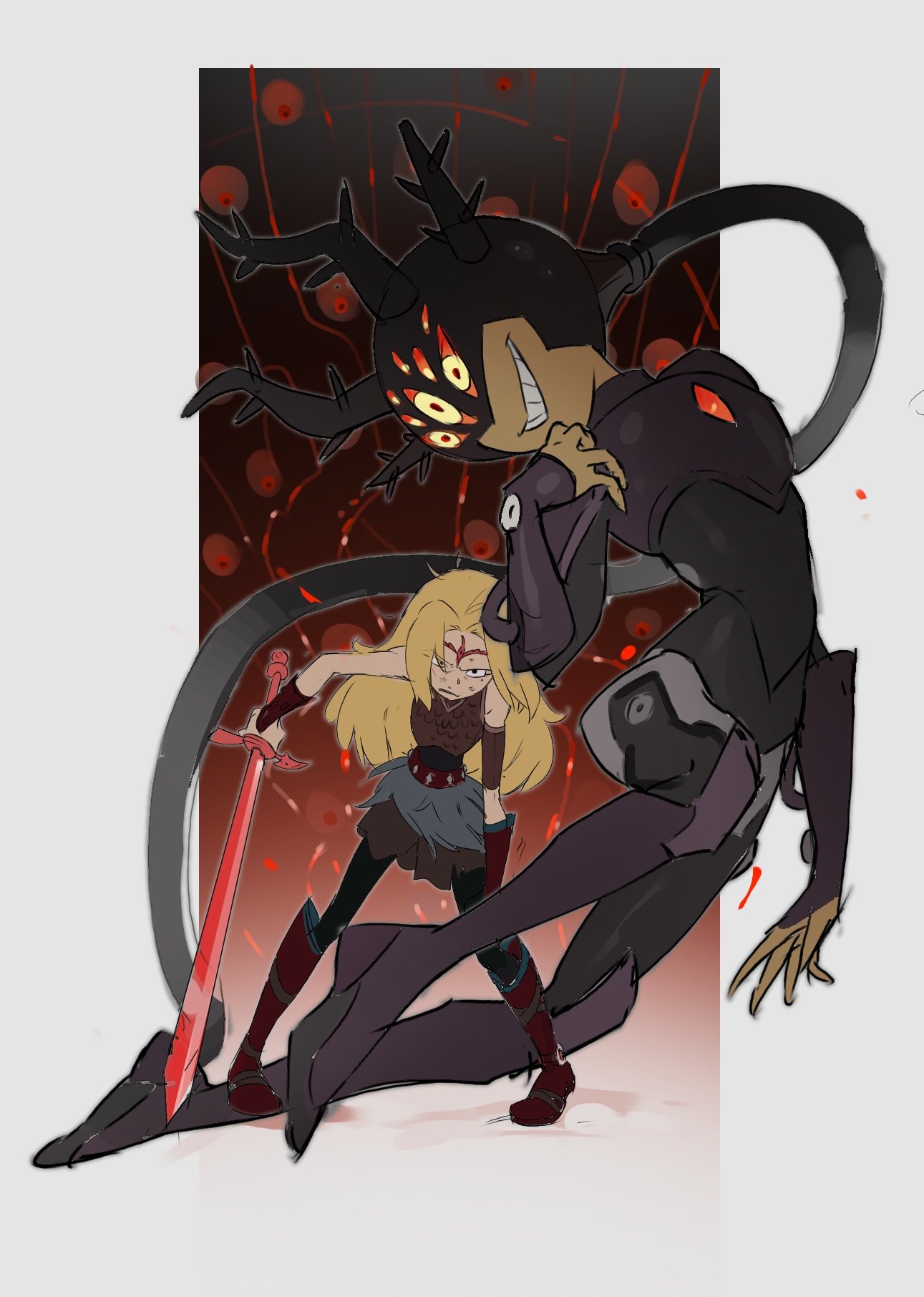 2girls, amphibia, armor, black_bodysuit, black_hair, blonde_hair, bodysuit, boots