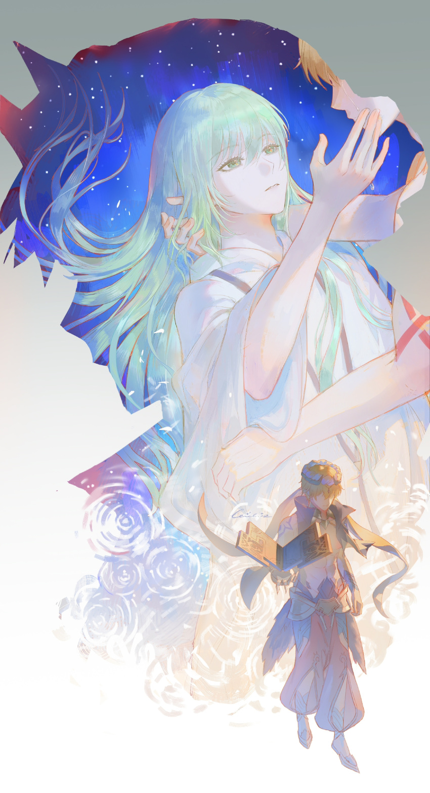 1boy, 1other, abs, absurdres, androgynous, blonde_hair, commentary_request, dingir_(fate)