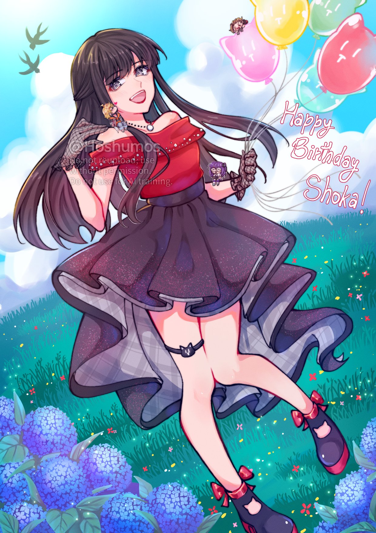 2boys, 2girls, alternate_costume, balloon, bare_shoulders, birthday, black_eyes, black_hair