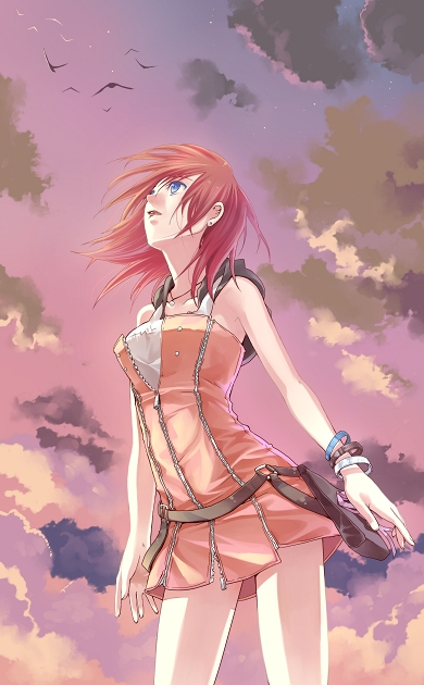 bare_shoulders, bird, blue_eyes, clouds, dress, jewelry, kairi, kingdom_hearts, looking_up, m3_(mmm003), red_hair, redhead, short_hair, sky, solo, sunset, thigh-highs