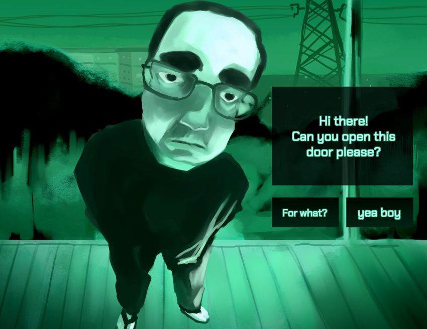 1boy, closed_mouth, commentary, dialogue_options, english_commentary, english_text, glasses, green_theme