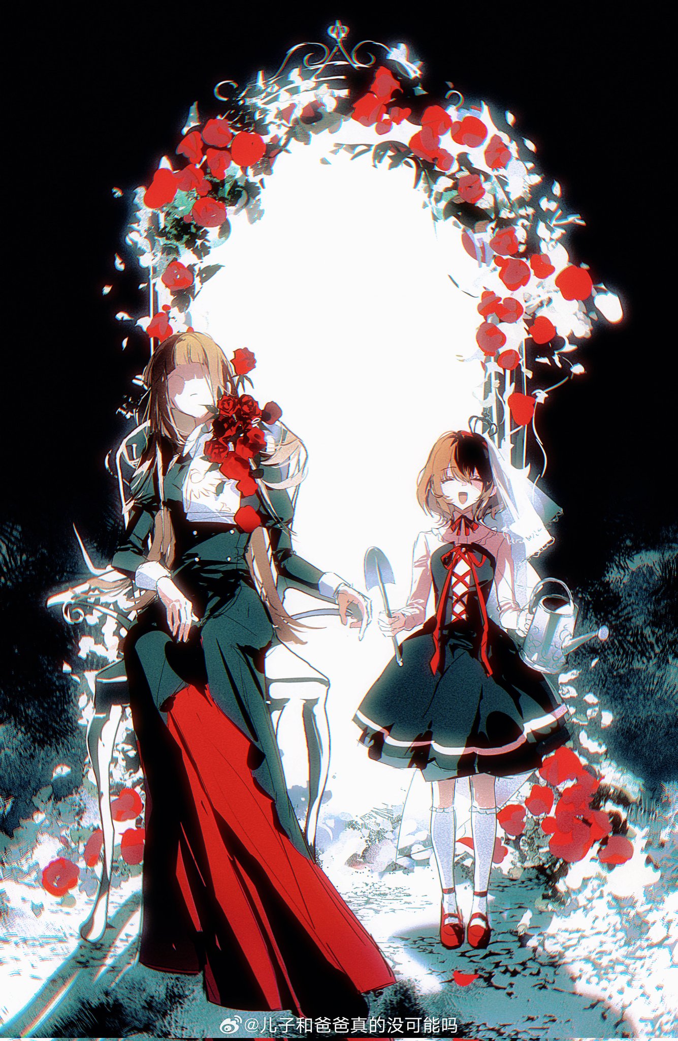 2girls, :d, arch, black_dress, brown_hair, chair, closed_eyes, corrupted_twitter_file