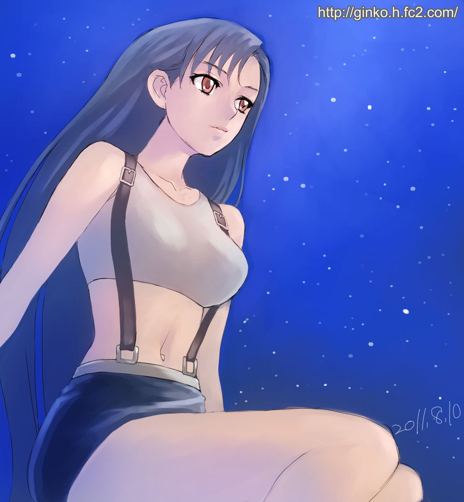 breasts, brown_eyes, cloud, final_fantasy, final_fantasy_vii, ginko_(silver_fox), large_breasts, long_hair, midriff, night, night_sky, sitting, skirt, sky, smile, solo, star, star_(sky), stars, suspenders, tifa_lockhart, watermark, web_address