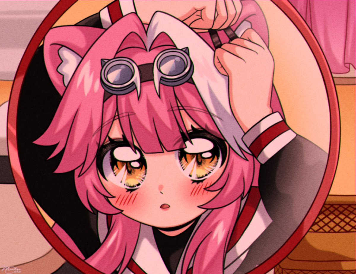 1990s_(style), 1girl, adjusting_hair_ornament, animal_ears, artist_name, black_serafuku, blush, cardcaptor_sakura, circular_mirror, commentary, cosplay, curtains, english_commentary, goggles, goggles_on_head, hair_intakes, hololive, hololive_english, kinomoto_sakura, kinomoto_sakura_(cosplay), long_hair, long_sleeves, looking_up, mintoscola, mirror, multicolored_hair, open_mouth, panther_ears, panther_girl, pink_hair, raora_panthera, reflection, reflection_focus, retro_artstyle, sailor_collar, school_uniform, serafuku, solo, streaked_hair, two-tone_hair, virtual_youtuber, white_hair, white_sailor_collar, yellow_eyes