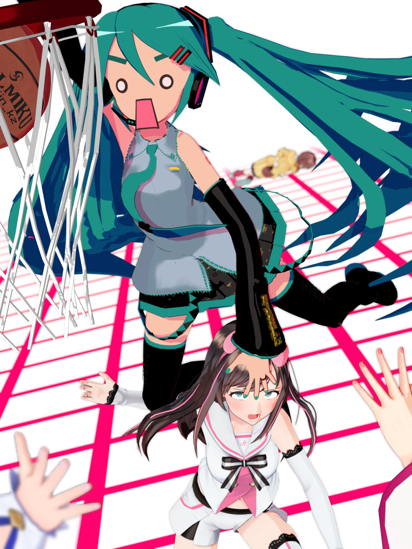 3d, 5girls, absurdres, animasa_model_(mikumikudance), aqua_hair, aqua_necktie, ball, basketball, basketball_(object), basketball_hoop, black_sleeves, bow, brown_hair, cel_rendering, commentary, crossover, detached_sleeves, dynamic_pose, english_commentary, family_guy_death_pose_(meme), grey_shirt, hair_between_eyes, hair_bow, hair_ornament, hatsune_miku, headset, highres, hololive, inugami_korone, inugami_korone_(1st_costume), jumping, kio_(majin_kz), kizuna_ai, kizuna_ai_inc., long_hair, meme, mikumikudance_(medium), multicolored_hair, multiple_girls, necktie, o_o, open_mouth, out_of_frame, pink_bow, sakura_miko, sakura_miko_(1st_costume), shirt, skirt, sleeveless, sleeveless_shirt, streaked_hair, tokino_sora, tokino_sora_(1st_costume), twintails, very_long_hair, virtual_youtuber, vocaloid
