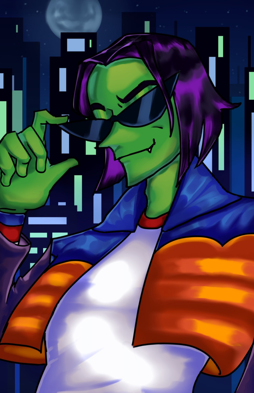 1boy, ace_(ppg), black_hair, blue_vest, city, colored_skin, commentary, english_commentary