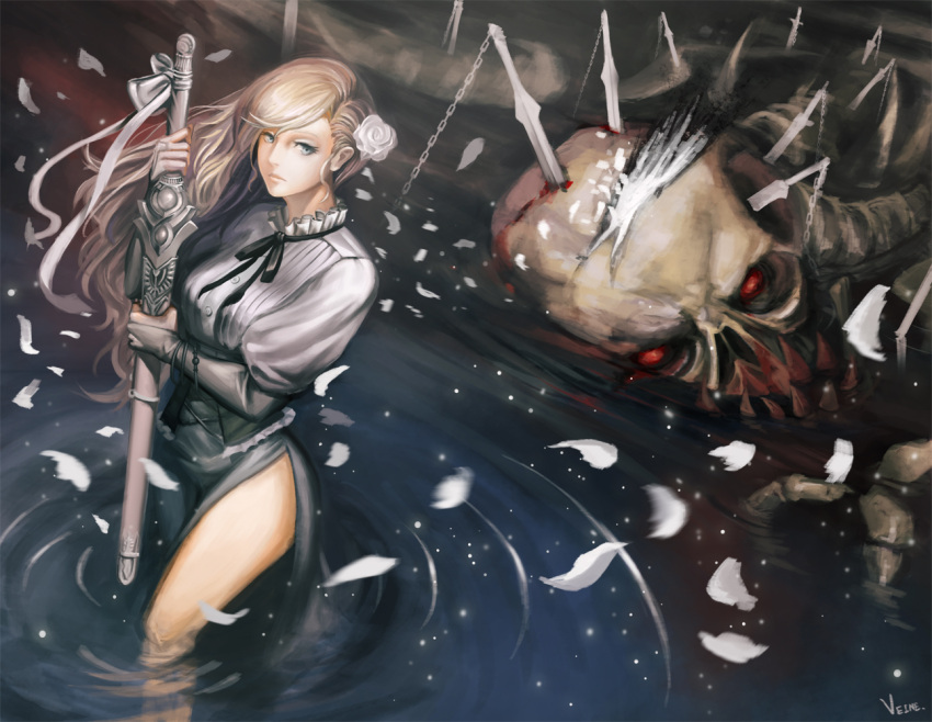 blonde_hair, blood, blue_eyes, bridal_gauntlets, chain, chains, dress, dutch_angle, flower, hair_flower, hair_ornament, long_hair, monster, original, petals, red_eyes, ribbon, ripples, side_slit, skull, solo, squeleton, sword, swords, veine, wading, water, wavy_hair, weapon, wet