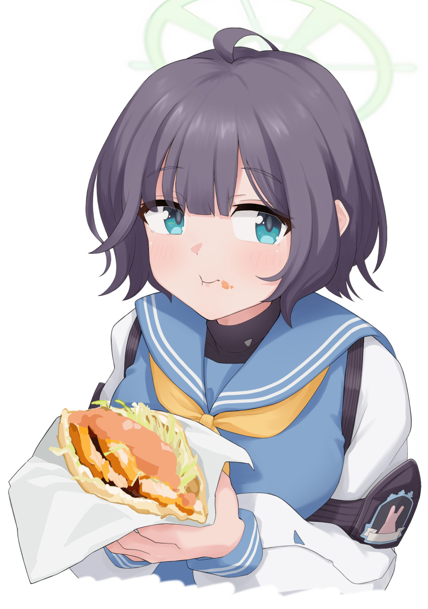 1girl, :t, absurdres, aqua_eyes, black_hair, blue_archive, blue_sailor_collar, blue_serafuku, chewing, commentary_request, cropped_torso, doner_wrap, eating, food, food_on_face, green_halo, halo, highres, holding, holding_food, looking_at_viewer, missing_headwear, miyano_apsis, neckerchief, sailor_collar, saki_(blue_archive), school_uniform, serafuku, short_hair, simple_background, solo, undershirt, white_background, yellow_neckerchief