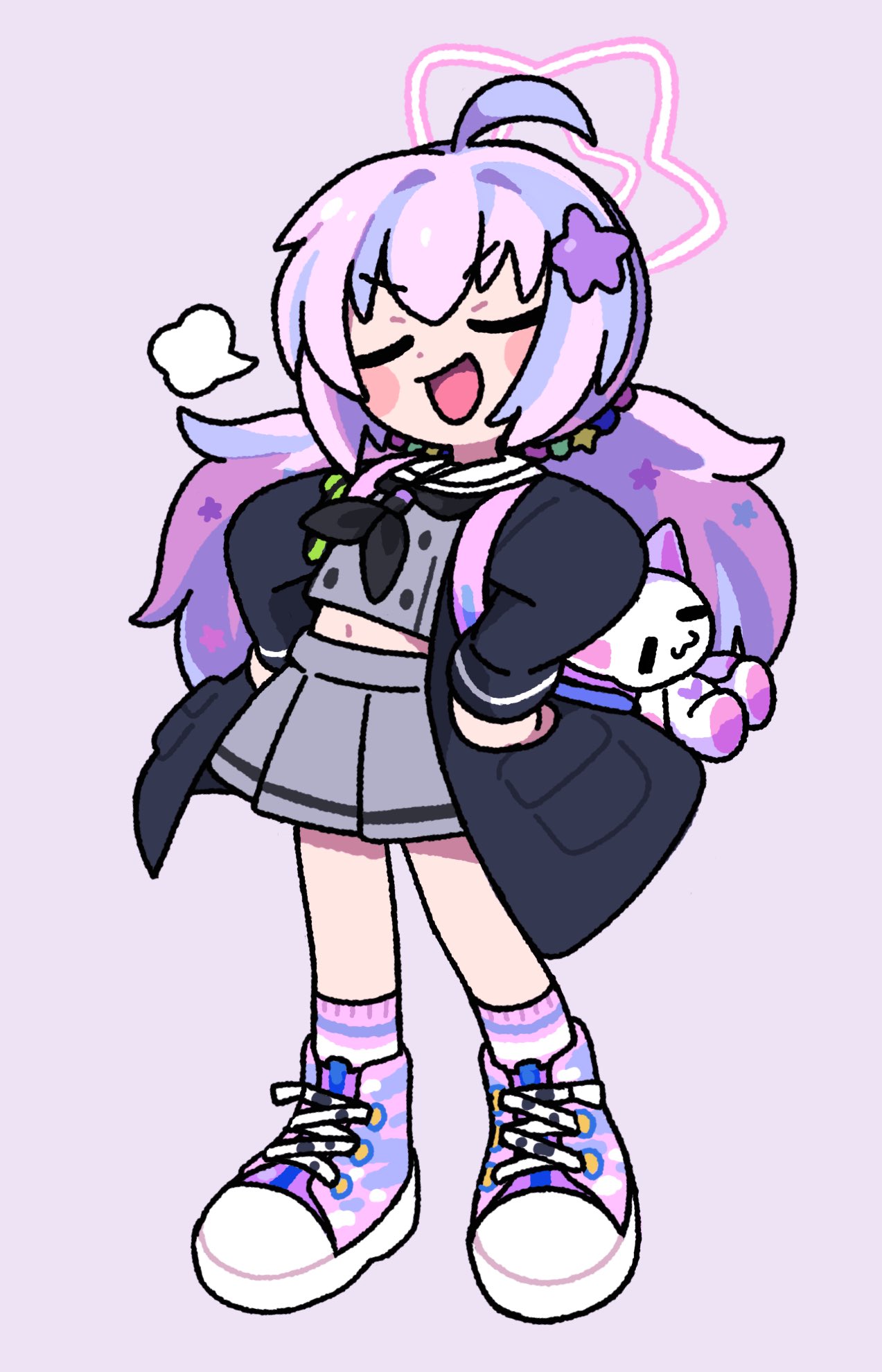 1girl, ahoge, black_jacket, blue_archive, blue_hair, blush, closed_eyes, grey_skirt, hair_ornament, halo, hands_on_own_hips, highres, jacket, long_sleeves, multicolored_hair, navel, open_mouth, pink_background, pink_hair, pink_halo, pleated_skirt, reisa_(blue_archive), shoes, simple_background, skirt, smile, sneakers, socks, solo, star_(symbol), star_hair_ornament, star_halo, yusa_(be2001)
