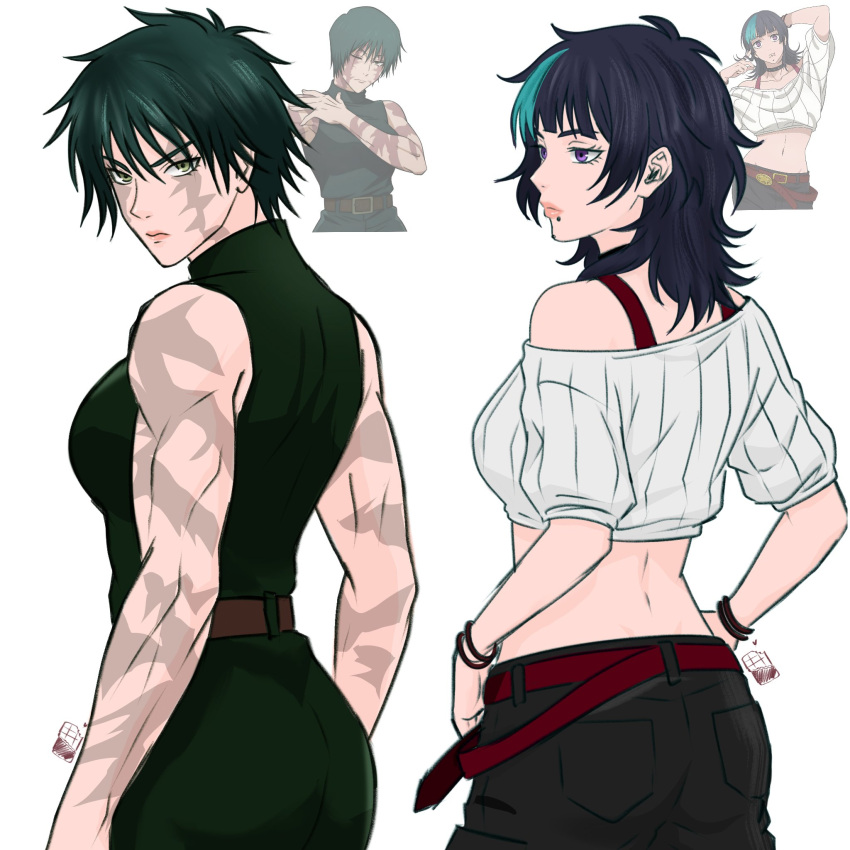 2girls, aqua_streaks, black_hair, breasts, burn_scar, chin_piercing, chococurrent, commentary