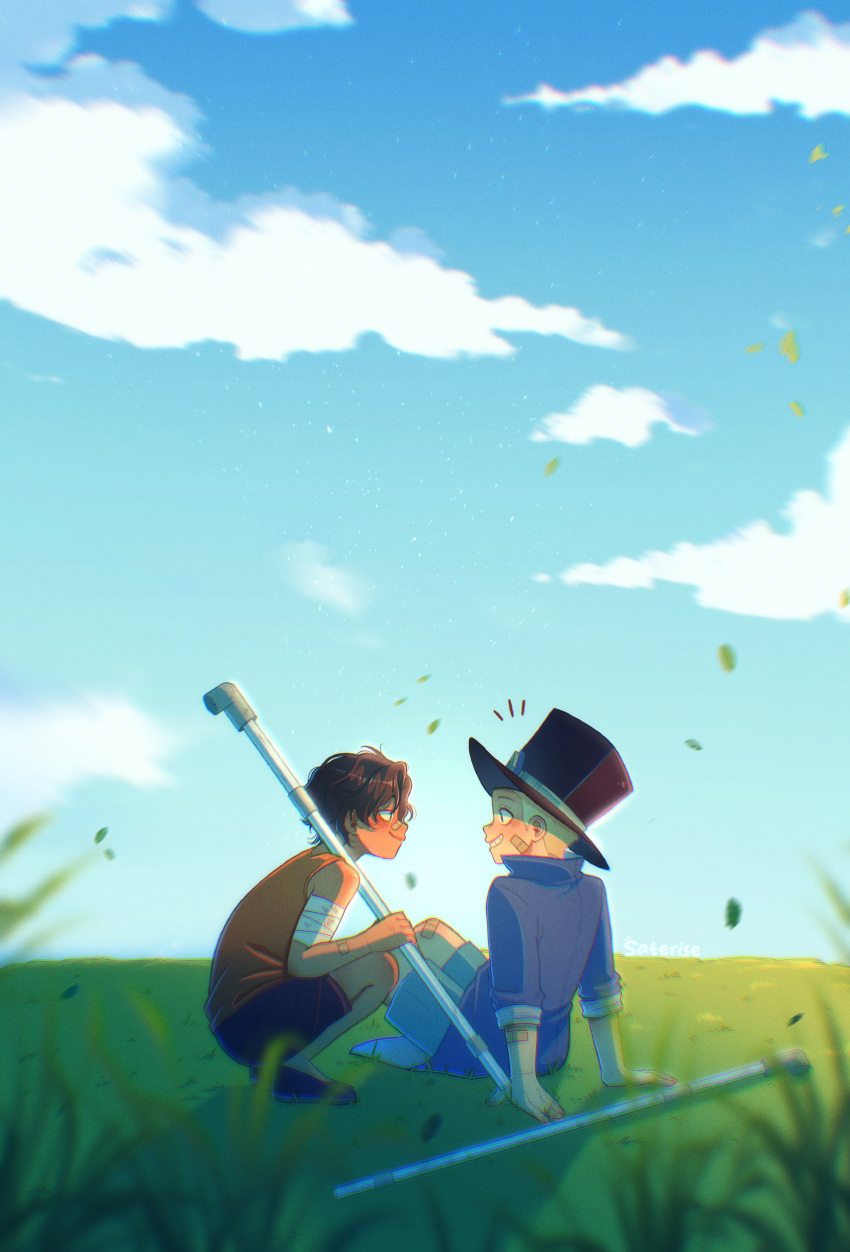2boys, absurdres, aged_down, bandaged_arm, bandages, bare_shoulders, black_hair, blonde_hair