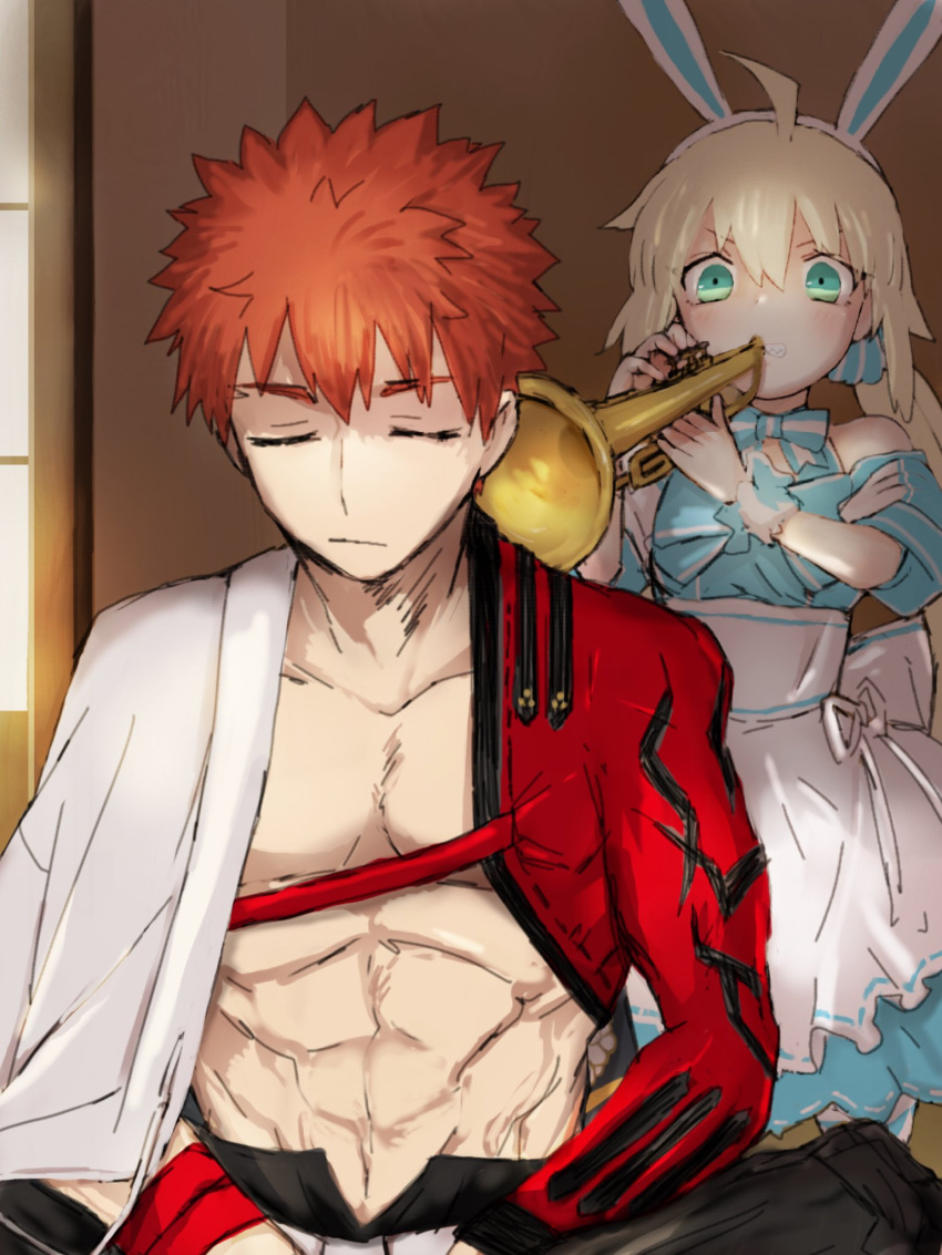 1boy, 1girl, ahoge, animal_ears, arm_guards, artoria_caster_(fate), artoria_caster_(swimsuit_berserker)_(second_ascension)_(fate), artoria_pendragon_(fate)