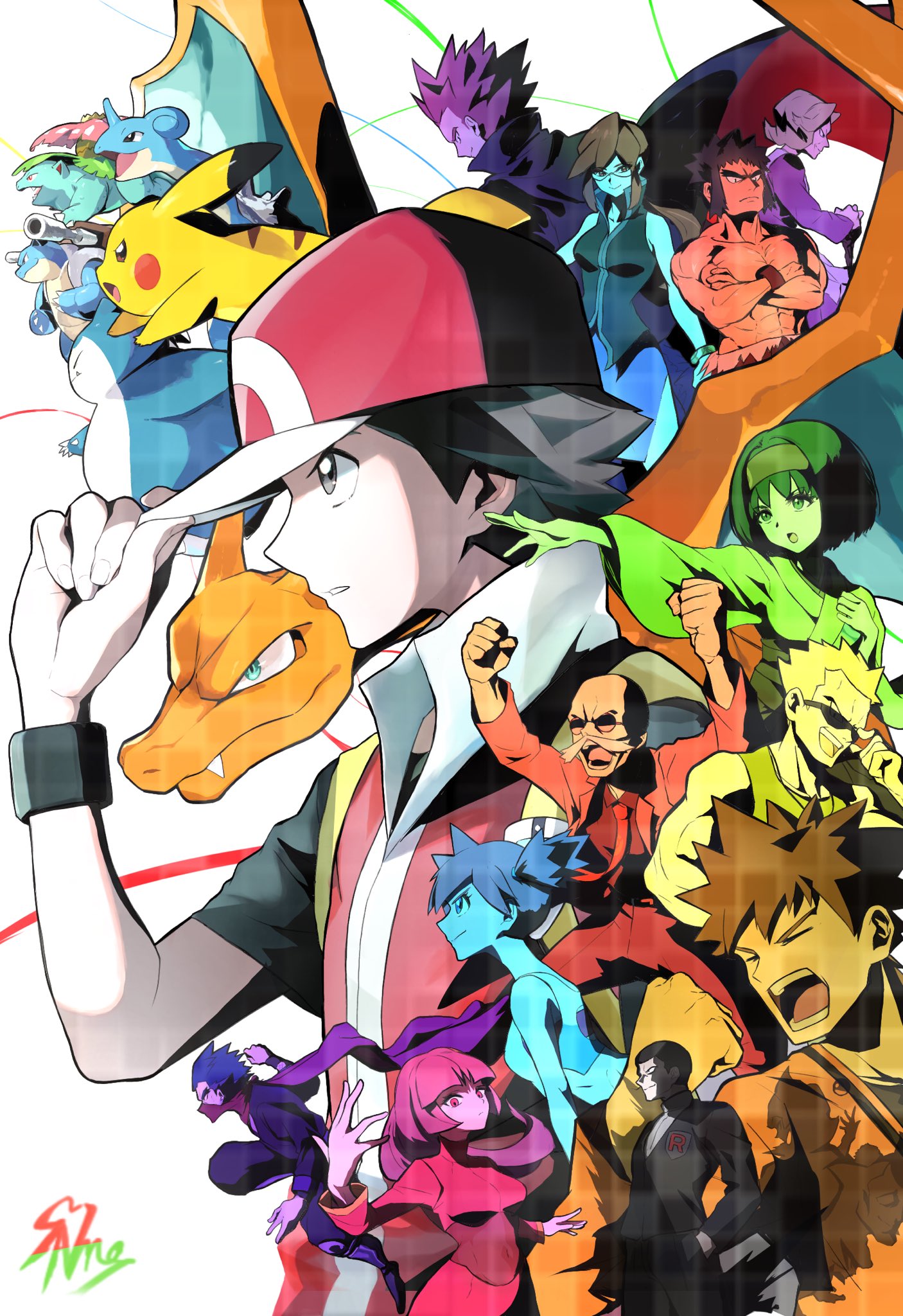 5girls, 6+boys, agatha_(pokemon), arms_up, backpack, bag, bald, baseball_cap