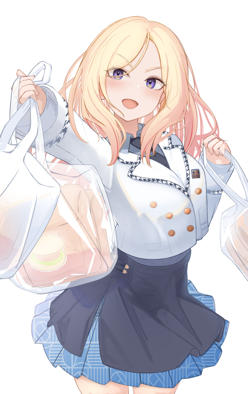 1girl, asaikeu, bag, black_necktie, black_skirt, blonde_hair, buttons, collared_shirt
