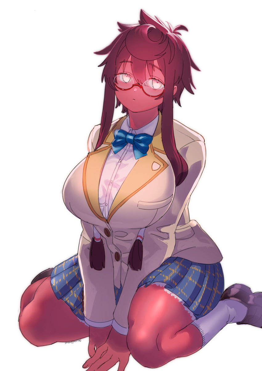 1girl, absurdres, blazer, breasts, brown_hair, cowlick, dark-skinned_female, dark_skin, glasses, hands_on_floor, highres, huge_breasts, jacket, loafers, long_sidelocks, looking_at_viewer, lulu-chan_(rao), neck_ribbon, original, plaid_clothes, plaid_skirt, pleated_skirt, rao_(live-w), ribbon, shirt, shoes, short_hair, sidelocks, sitting, skirt, socks, wariza, white_background, white_shirt, white_socks, yellow_eyes