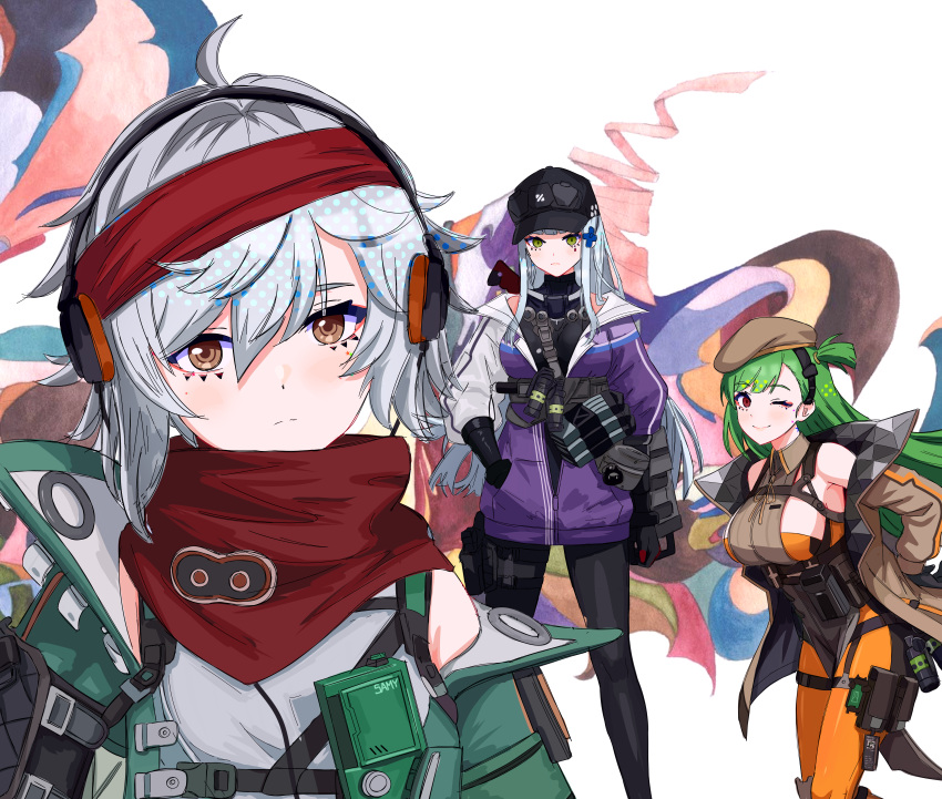 3girls, ;), absurdres, bare_shoulders, belka_(girls'_frontline_2), beret, black_gloves, black_hat