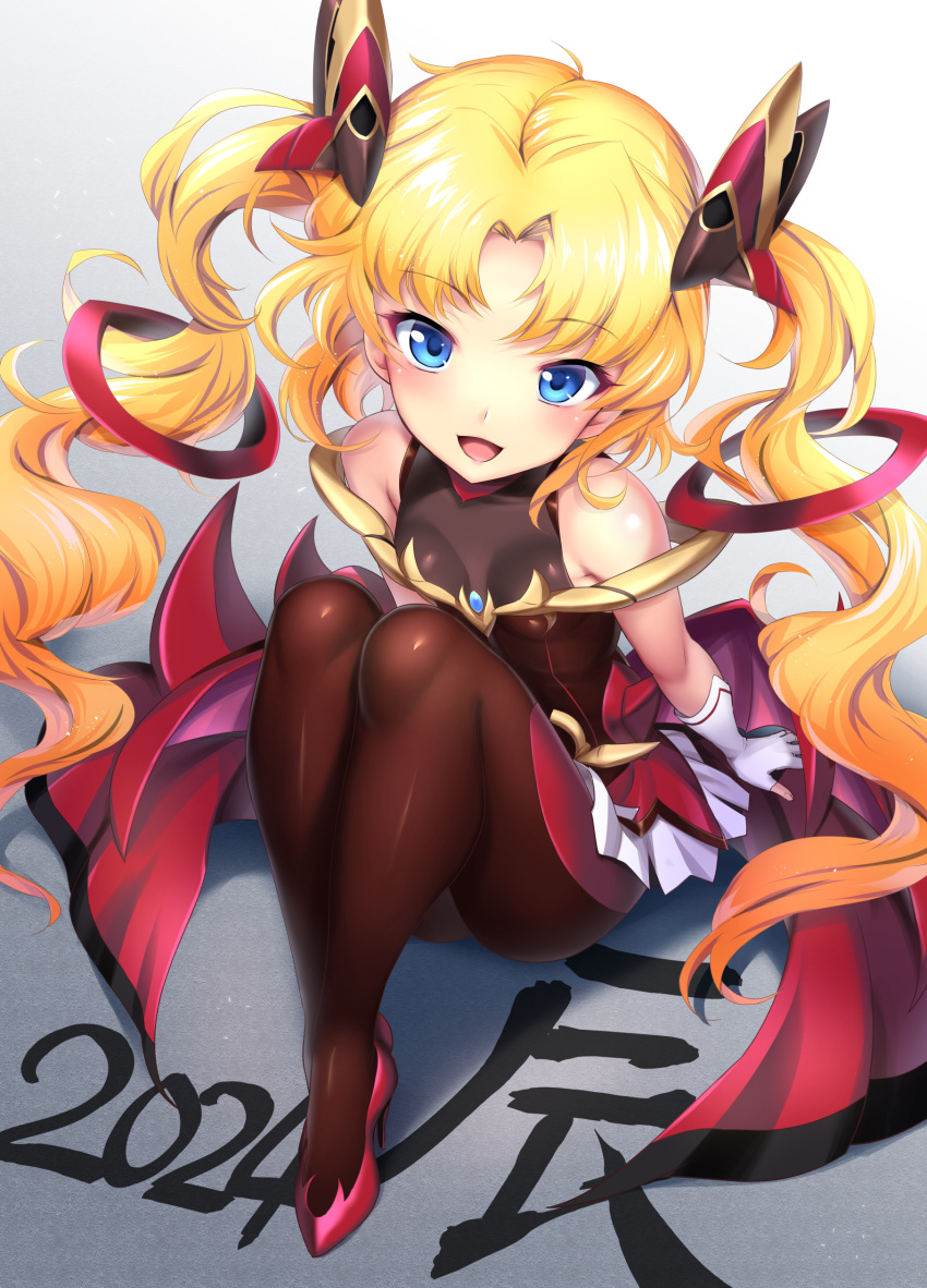 1girl, 2024, :d, absurdres, bare_arms, blonde_hair, blue_eyes, breasts