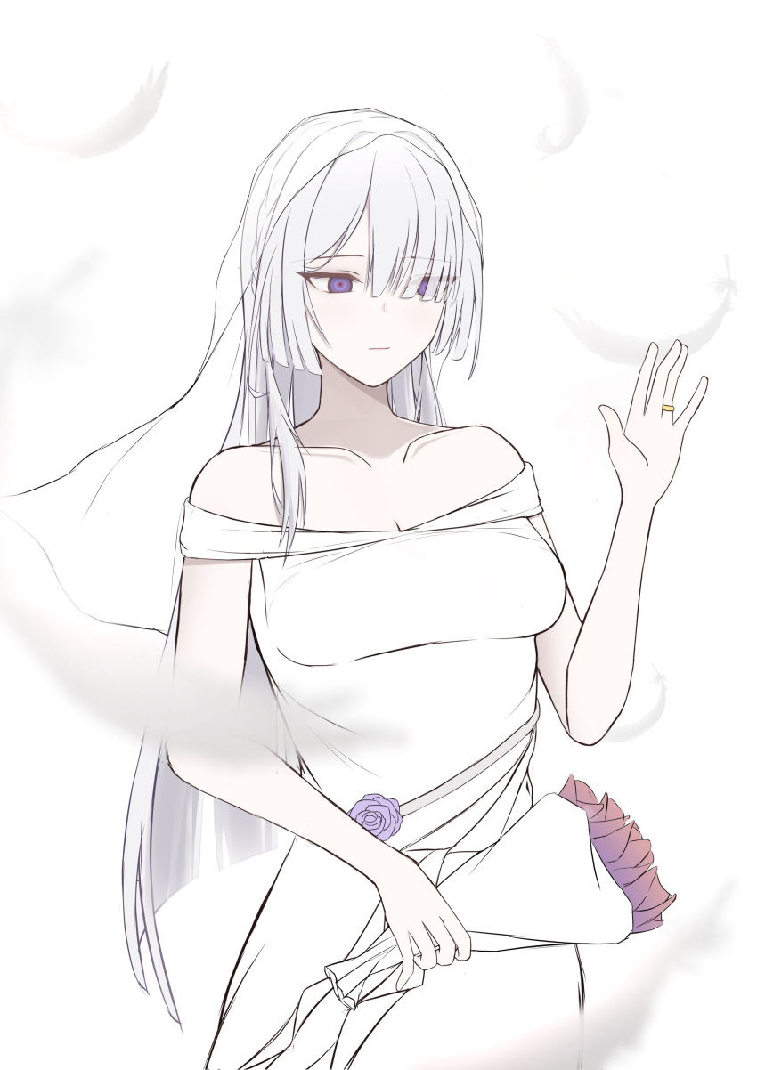 1girl, absurdres, ak-15_(girls'_frontline), bare_shoulders, bouquet, breasts, bride, dress
