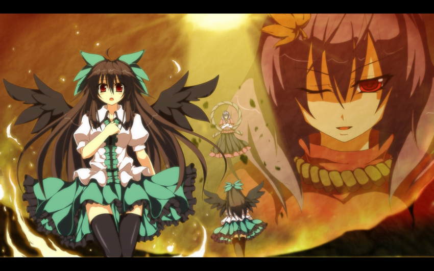 black_hair, black_legwear, black_wings, bow, brown_hair, guriserin, hair_bow, long_hair, multiple_girls, purple_hair, red_eyes, reiuji_utsuho, reiuji_utsuho_(before_yatagarasu), reiuji_utsuho_(third_eye-less), short_hair, skirt, sunlight, thigh-highs, thighhighs, touhou, very_long_hair, wings, wink, yasaka_kanako, zettai_ryouiki