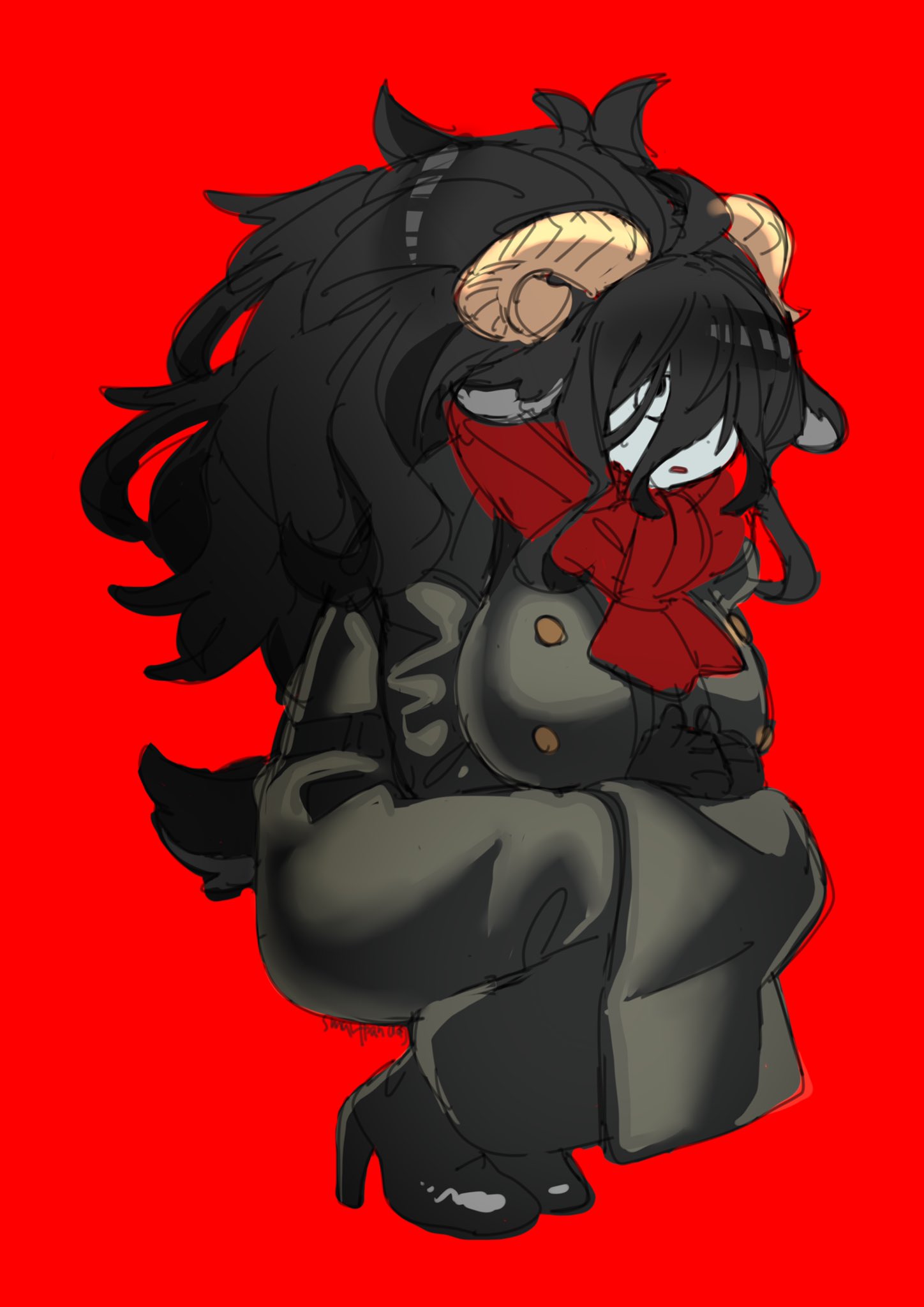 1girl, animal_ears, big_hair, black_coat, black_eyes, black_gloves, black_hair, boots