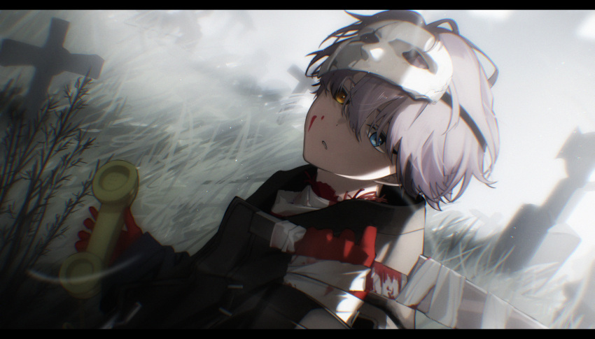 1boy, black_coat, black_sclera, blue_eyes, chromatic_aberration, coat, colored_sclera, corded_phone, dutch_angle, from_side, gloves, grass, graveyard, grey_hair, grey_sky, hands_up, heterochromia, highres, holding, holding_knife, holding_phone, ithiku, knife, letterboxed, looking_at_viewer, male_focus, mask, mask_on_head, mismatched_sclera, official_alternate_costume, parted_lips, phone, red_gloves, reverse:1999, short_hair, sky, solo, tombstone, upper_body, x_(breathing_in_silence)_(reverse:1999), x_(reverse:1999), yellow_eyes