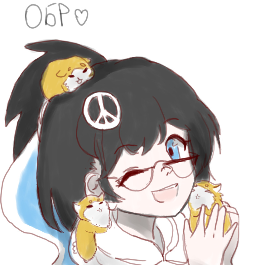 1girl, animal, animal_on_head, animal_on_shoulder, black_hair, blue_eyes, flag_ribbon, glasses