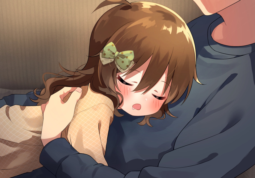 1boy, 1girl, aged_down, black_shirt, blush, bow, brown_hair, brown_shirt