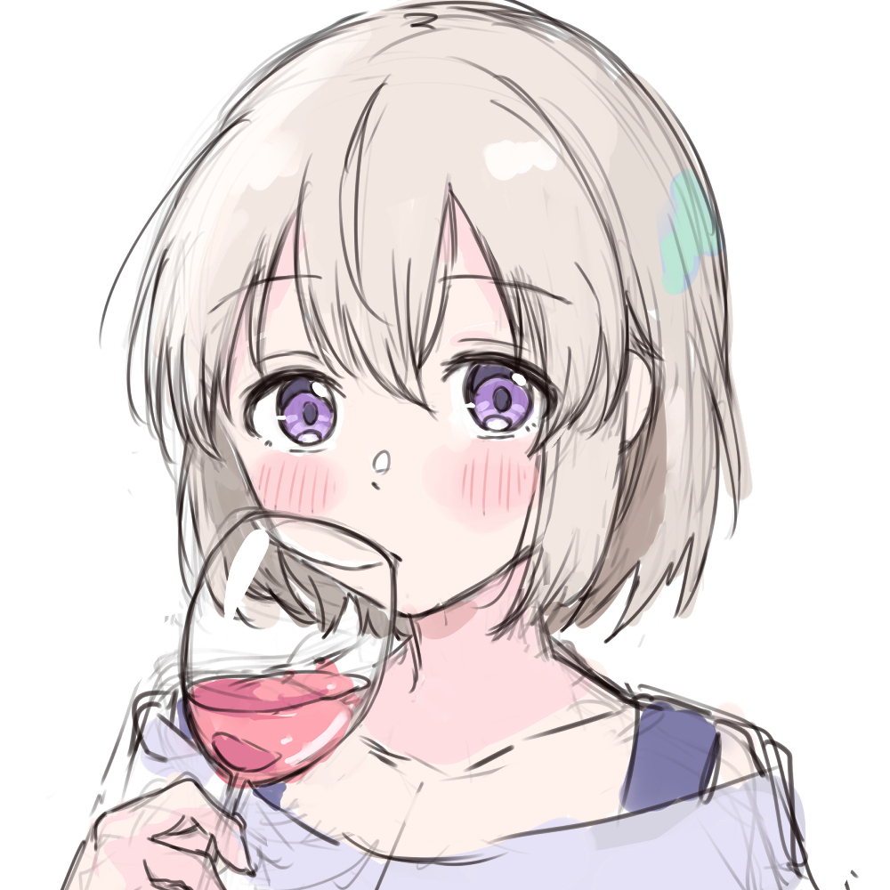 1girl, alcohol, blush, commentary_request, cup, drinking_glass, grey_hair, hondahiro