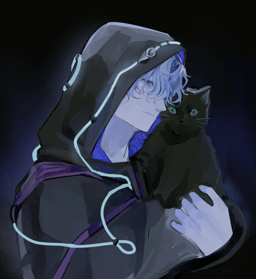 1boy, animal_on_shoulder, animalization, black_jacket, blue_background, blue_eyes, cat, cat_boy
