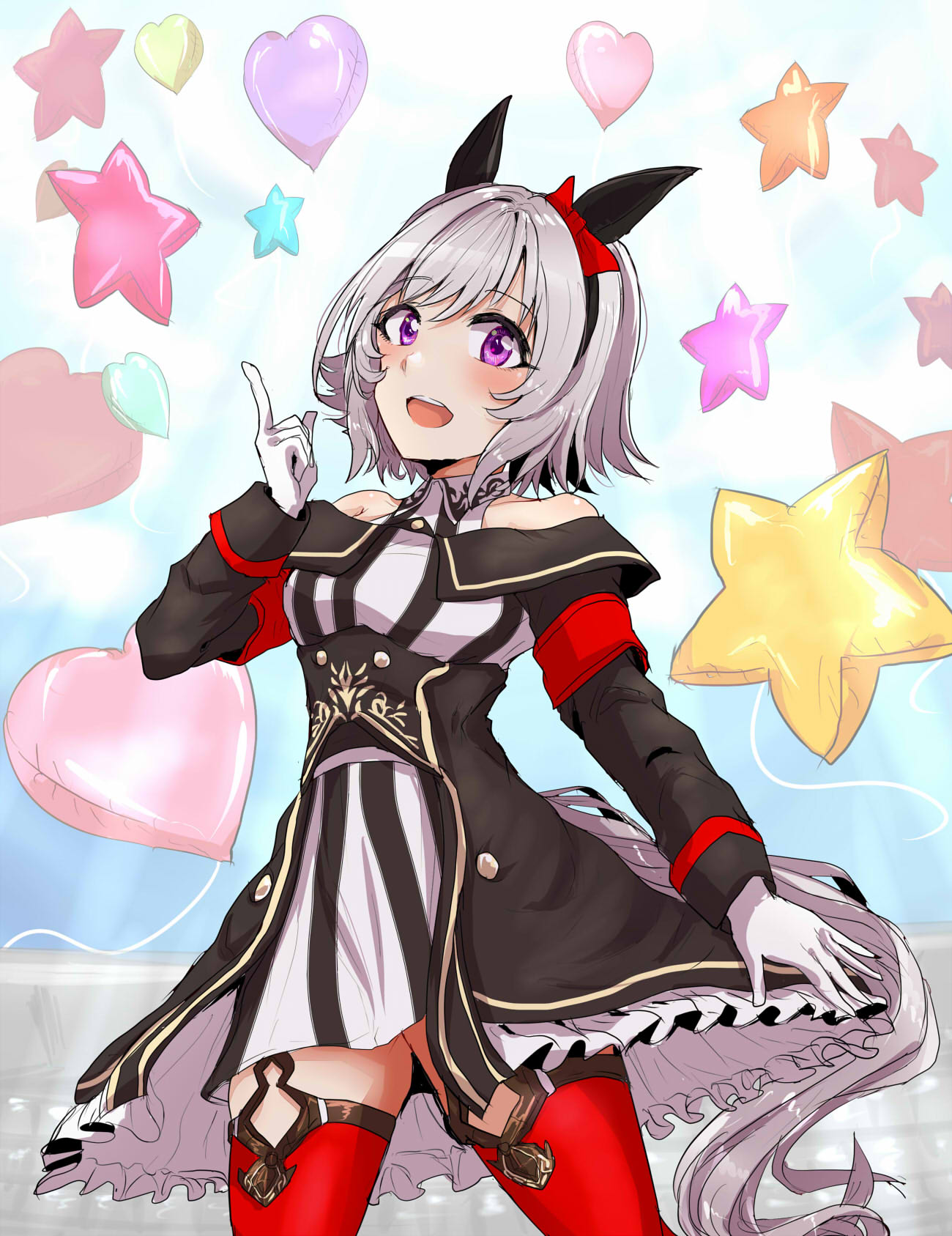 1girl, animal_ears, balloon, bare_shoulders, blush, bow, breasts, coat