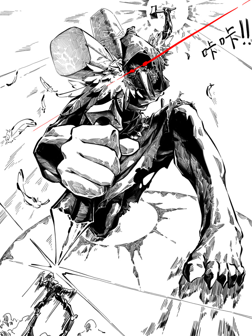 attack, bird_mask, chinese_text, chisel, cloak, devoted_sculptor_(slay_the_spire), dynamic_pose, feathers, giant, glowing, glowing_eyes, greyscale, hammer, highres, holding, holding_chisel, holding_hammer, holding_tool, mask, mask_on_head, monochrome, red_eyes, size_difference, slay_the_spire, slay_the_spire_2, spot_color, user_vgxp2254