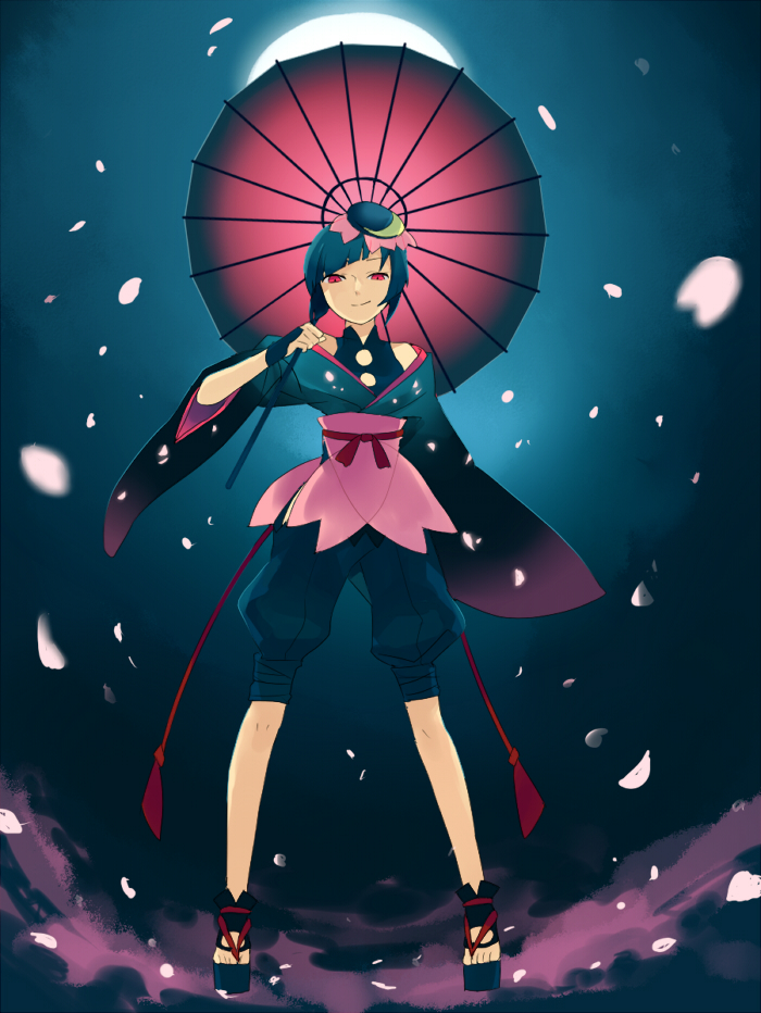blue_hair, gloves, hat, moon, night, original, petals, red_eyes