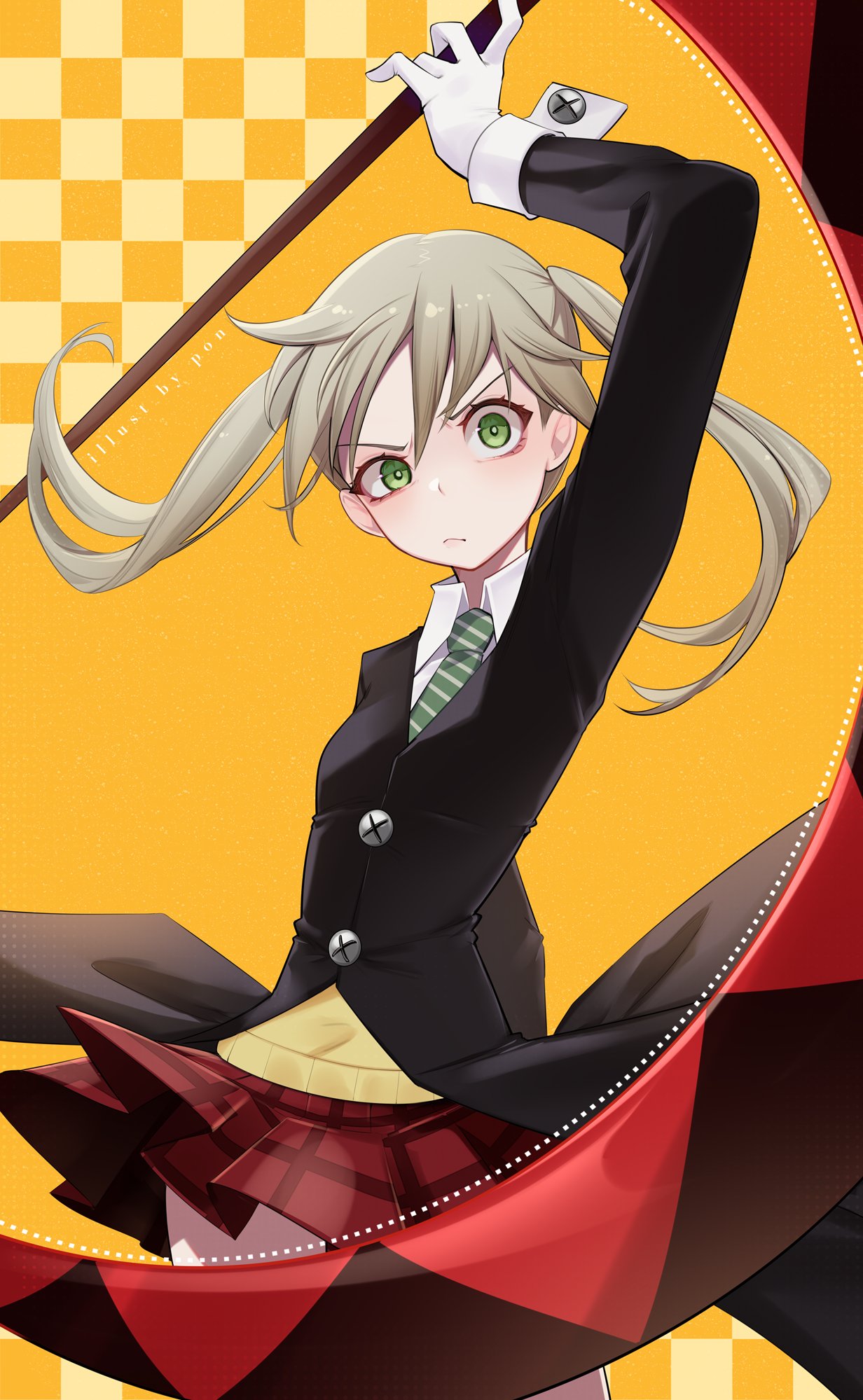 1girl, arm_up, black_jacket, blonde_hair, commentary, diagonal-striped_clothes, diagonal-striped_necktie, gloves
