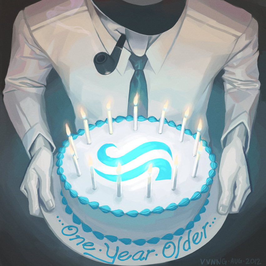 1boy, 2012, album_cover, birthday_cake, black_background, black_hat, black_necktie, cake, candle, collar, collared_shirt, colored_skin, cover, dad_(homestuck), dated, fire, food, hat, highres, holding, holding_cake, holding_food, homestuck, long_sleeves, male_focus, mouth_hold, necktie, official_art, shirt, simple_background, smoke, smoking, smoking_pipe, solo, upper_body, viivus, white_shirt, white_skin