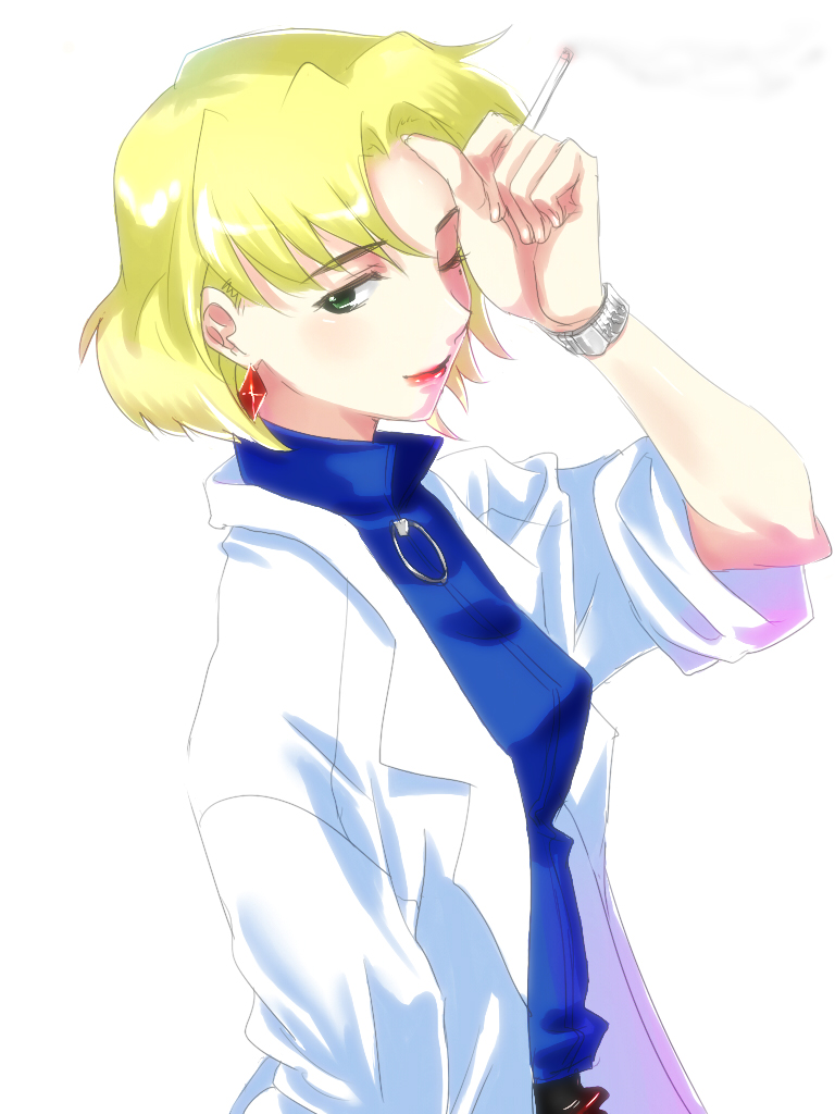 blonde_hair, cigarette, earrings, green_eyes, jewelry, labcoat, mole, neon_genesis_evangelion