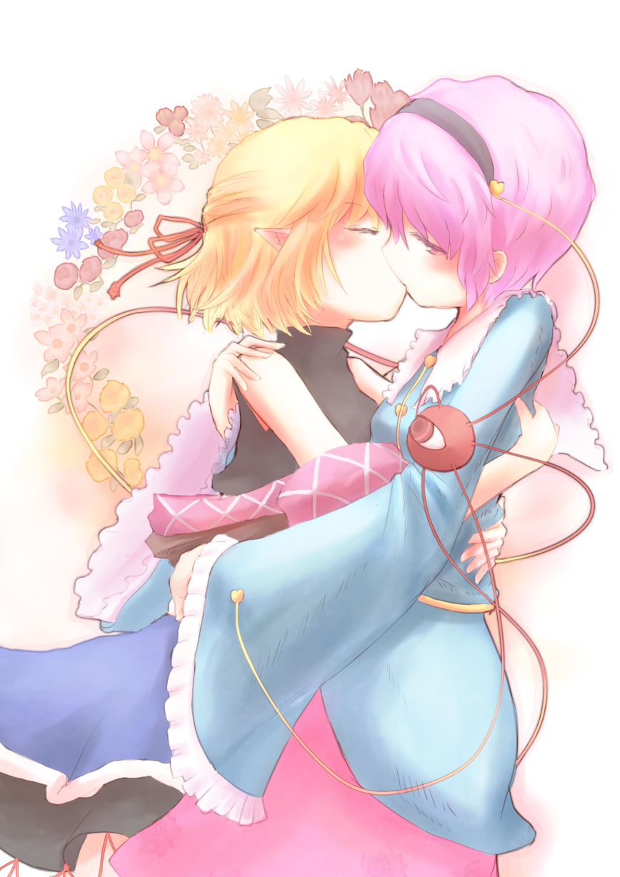 bad_id, bare_shoulders, blonde_hair, blush, closed_eyes, duo, eyeball, flower