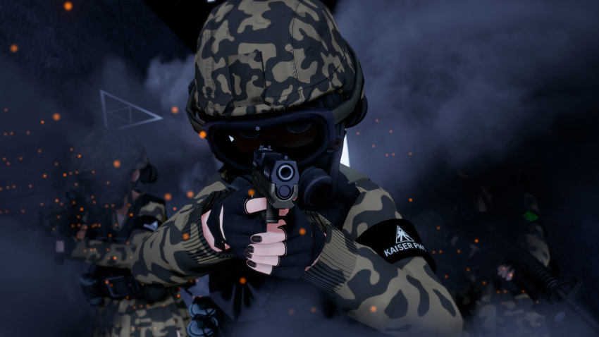 3d, black_hair, black_vest, blue_archive, camouflage, camouflage_skirt, catgaloperator, hair_bun