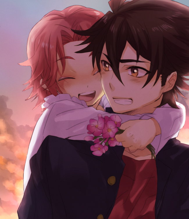 brown_eyes, closed_eyes, couple, eyes_closed, flower, happy, highschool_of_the_dead, komuro_takashi, maresato_alice, nanatsu_maka, red_hair, redhead, short_hair, smile