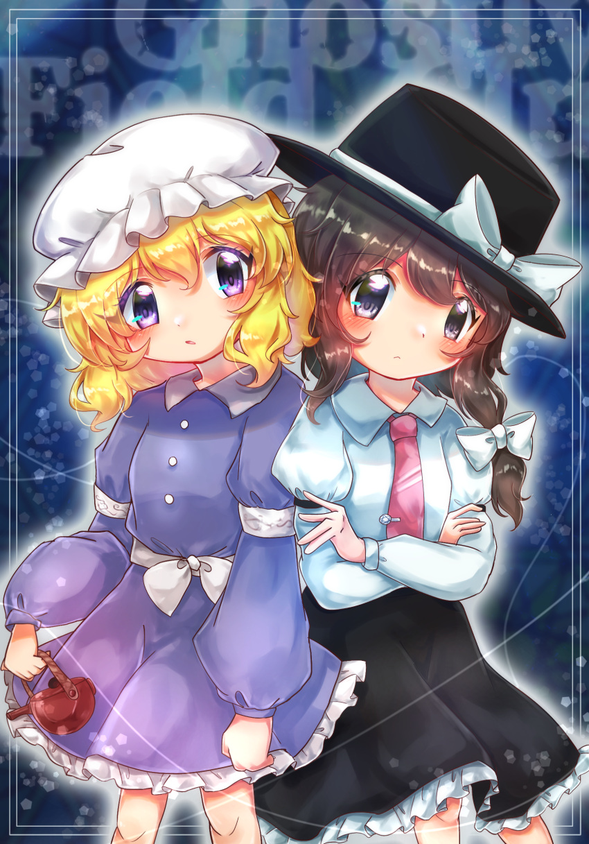 2girls, asymmetrical_sidelocks, black_hat, black_skirt, blonde_hair, blush, bow, brown_eyes