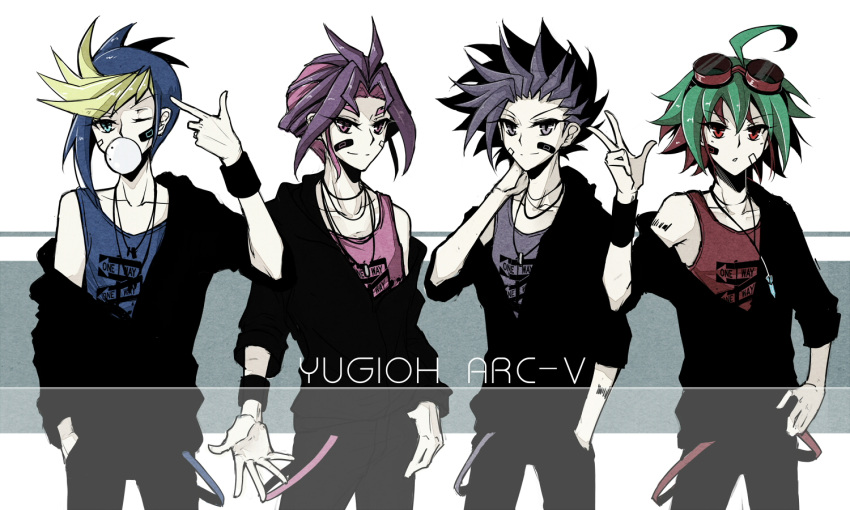 4boys, arm_tattoo, bandaid, bandaid_on_face, black_hair, black_pants, black_sweater, black_wrist_cuffs