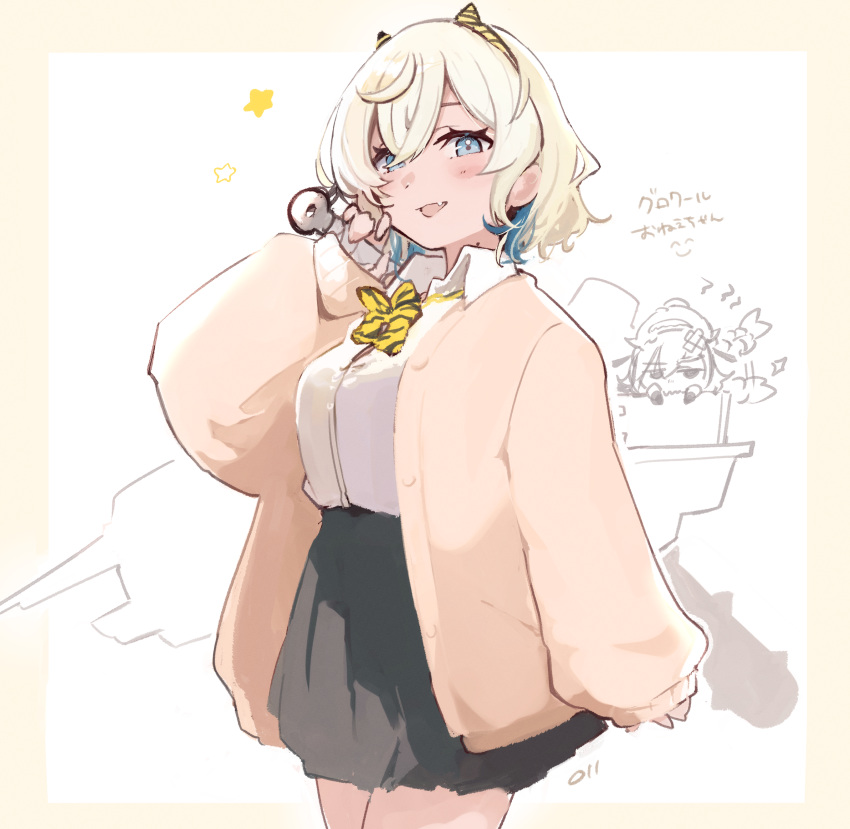 1girl, absurdres, black_skirt, blonde_hair, blue_eyes, blue_hair, blush, bow