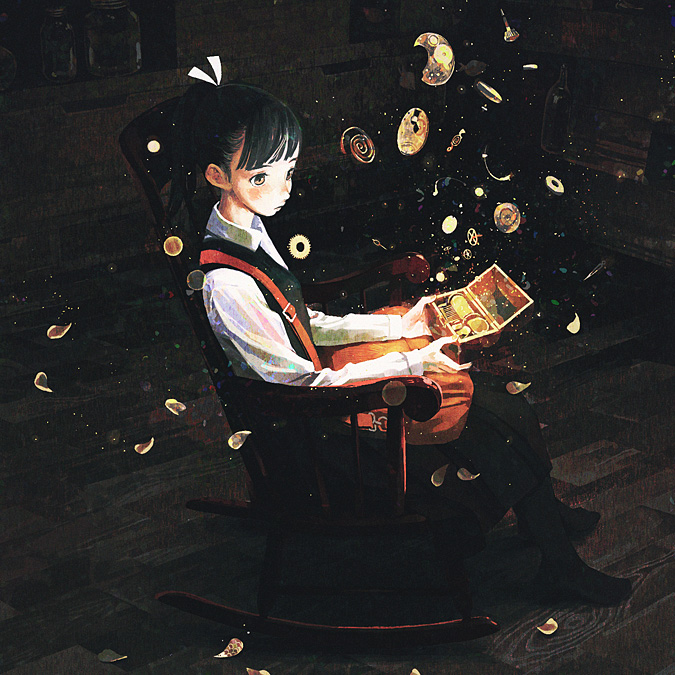 bag, black_hair, black_legwear, bottle, box, buttons, dark, dress