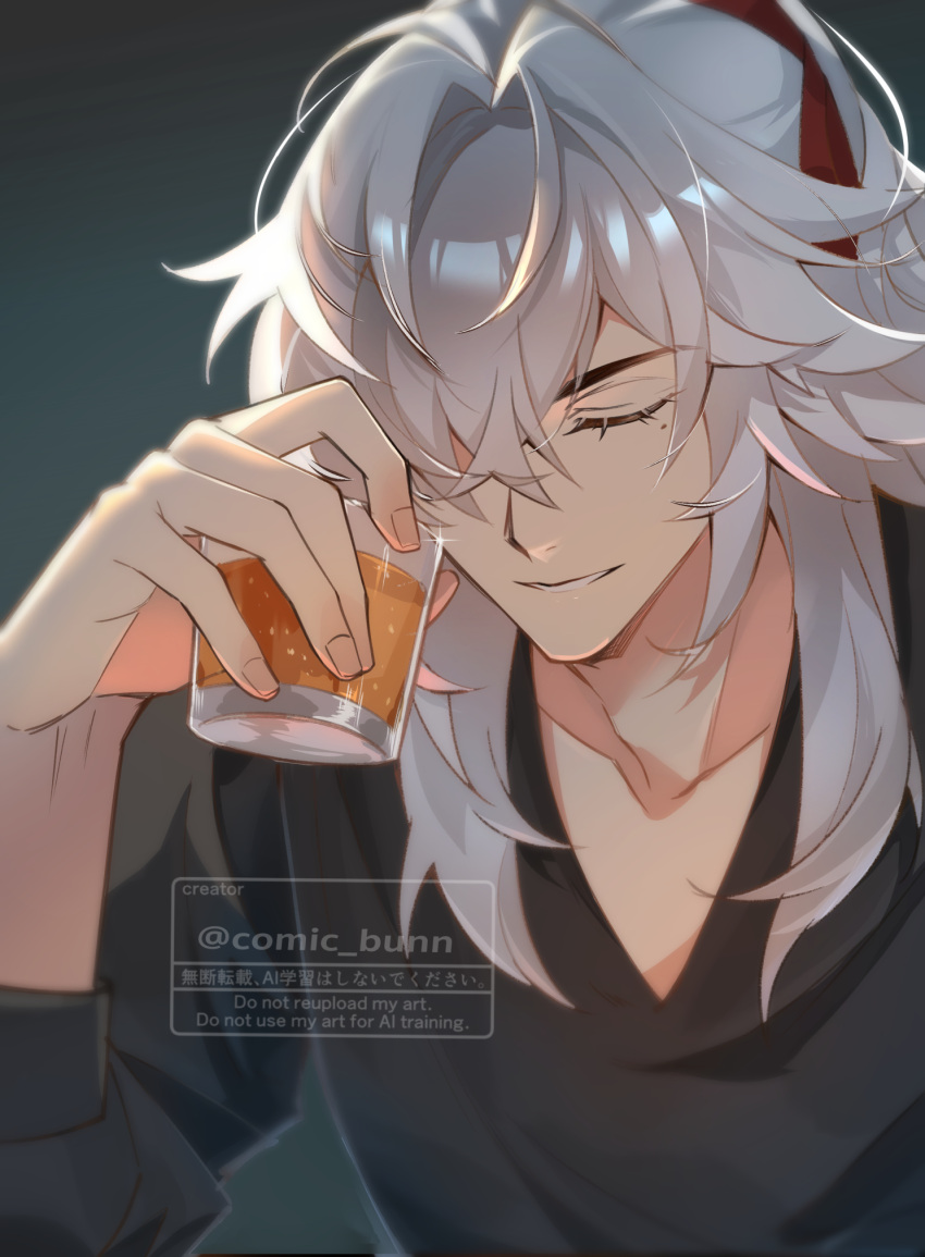 1boy, black_shirt, bunn_(comic_bunn), closed_eyes, coat, commentary, cup, drinking_glass