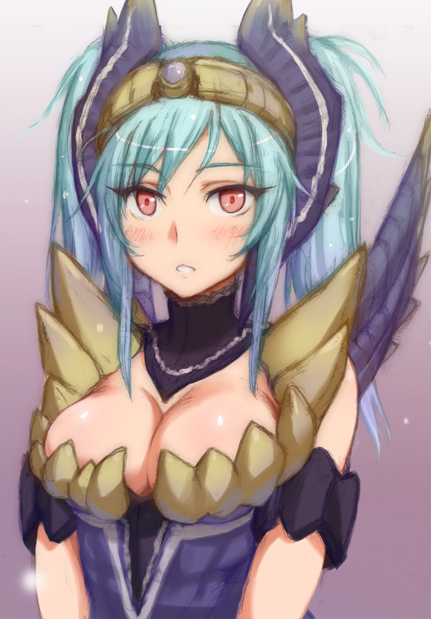 armor, bare_shoulders, blue_hair, blush, breasts, capcom, cleavage, gradient_hair, green_hair, highres, looking_at_viewer, monster_hunter, monster_hunter_portable_3rd, multicolored_hair, red_eyes, shirajira, solo, twintails