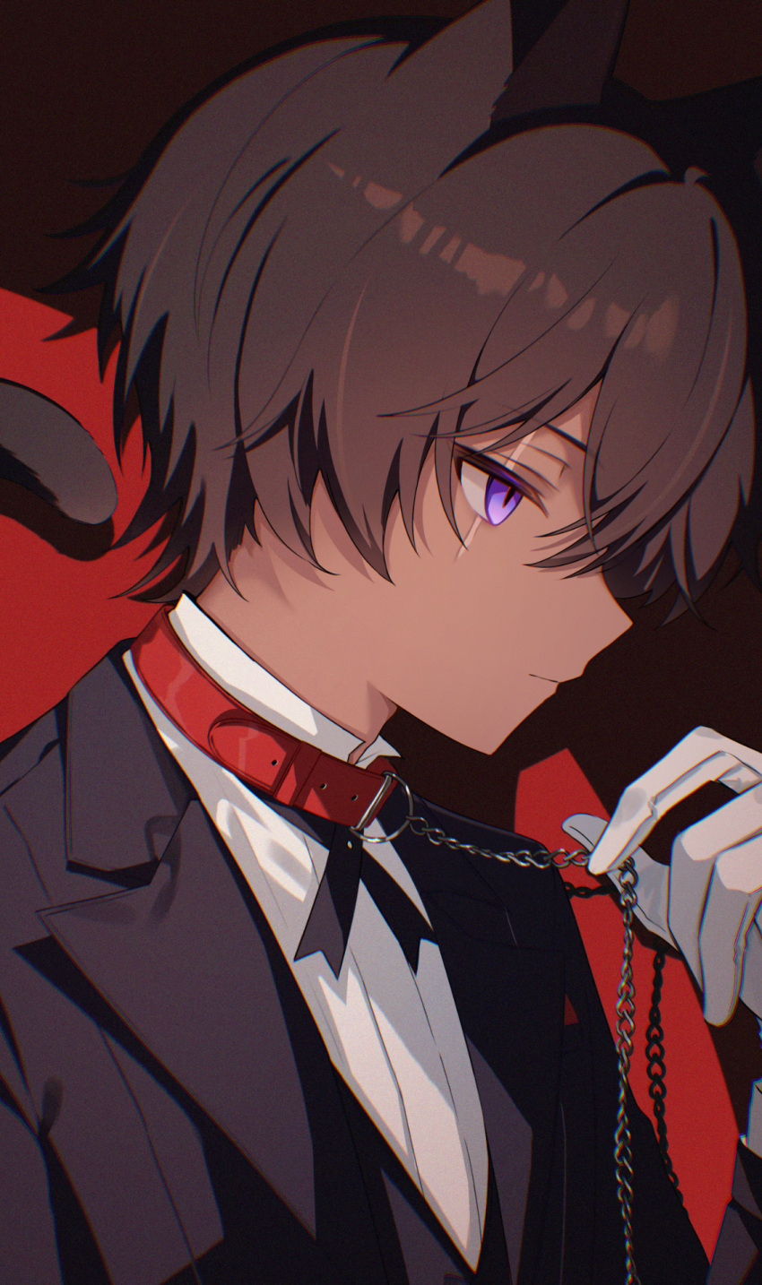 1boy, animal_ears, belt_collar, black_jacket, brown_hair, cat_boy, cat_ears, cat_tail