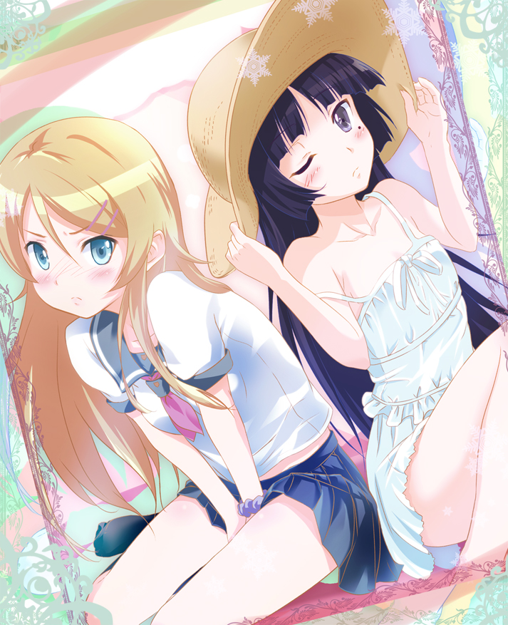between_thighs, black_hair, blonde_hair, blue_eyes, blush, collarbone, dress, duo