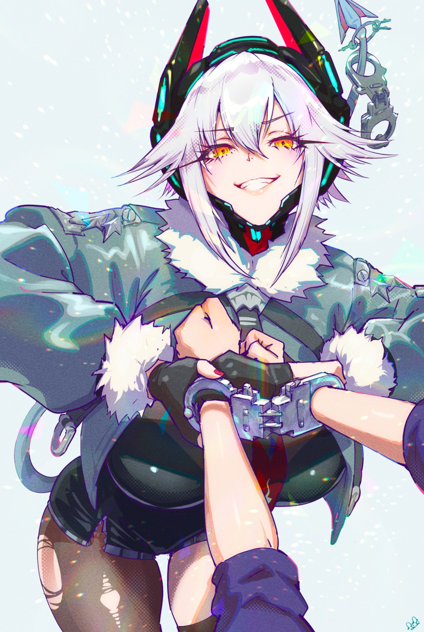1girl, 1other, black_shorts, breasts, cosplay, cuffs, cyborg, fingerless_gloves